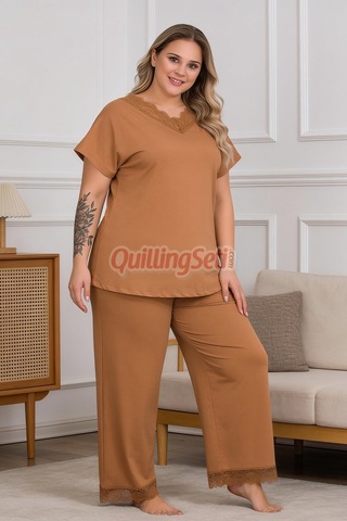 Lady Kahverengi Renk B-630 Pamuklu Ve Dantel Detaylı, Büyük Beden Anne Pijama Takımı
