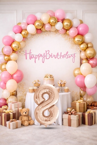 8 Yaş Pompa Hediyeli Doğum Günü Seti Banner Gold Pembe Kum Beji Beyaz Balonlar Rose Gold Rakam Çok Renkli