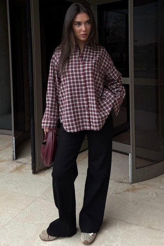 Madmext Kırmızı Oversize Kareli Kadın Gömlek Mg2822