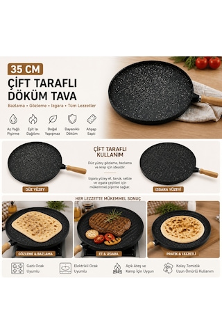 35 Cm Döküm Gözleme Tavası Çift Taraflı Bazlama Izgara Tavası Ahşap Saplı Yapışmaz Siyah