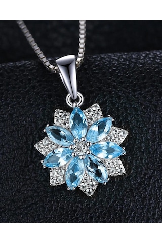 Brezza Lusso Jewelry  Aquamarin Taşlı Pırlanta Model Lotus Çiçeği Kadın Gümüş Kolye 45 CM 45 CM