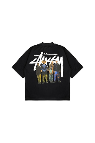 Unisex Stussy Man Sırt Baskılı Oversize Kalın Kumaş Bol Kalıp Unisex T-shirt Siyah