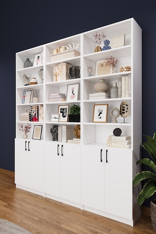 Asra Trend K-50 %100 MDF 180 cm 3 Modüllü Kapaklı Kitaplık Raflı Kütüphane Beyaz
