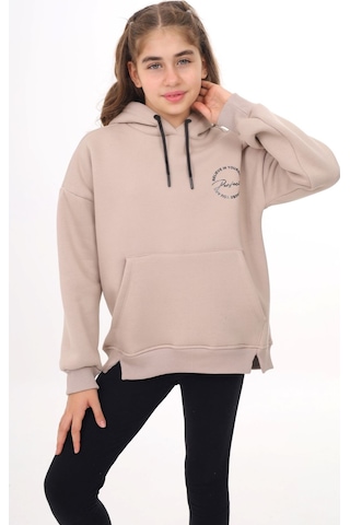 Toontoy Kız Çocuk Oversize Kapüşonlu Cepli Düşük Omuz Baskılı Yırtmaçlı Sweatshirt - 3 İplik Şardonlu Bej