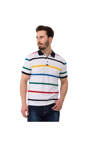 Cipo & Baxx Çizgili Polo Yaka Erkek Basic Tişört Ct749 Whıte