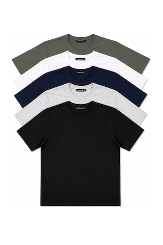 Classics Men Relaxed Fit Basic Kısa Kol Tişört 5'li Siyah-Laci-Beyaz-Gri-Haki
