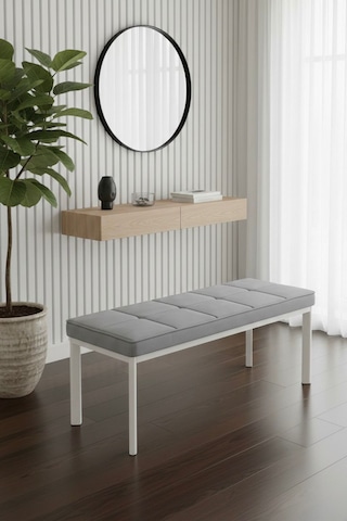 Vena 105x40 Bench - Babyface Kumaş Çımalı Döşeme Puf Bench Beyaz Ayaklı Gri