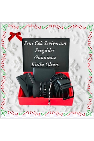 Carlino Erkek Hediye Seti Siyah Deri Kemer Cüzdan Kartlık Siyah