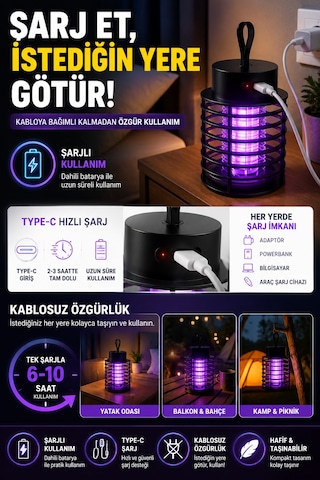 Şarjlı Uv Sivrisinek Öldürücü Lamba Type-c Elektrikli Sinek Kapanı Masaüstü Duvara Asılabilir