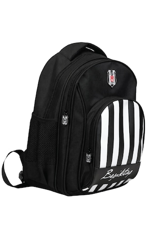 Beşiktaş Lisanslı Siyah Beyaz Çizgili Okul Çantası - Suni Deri Panelli Konforlu Sırt Çantası Siyah - Beyaz