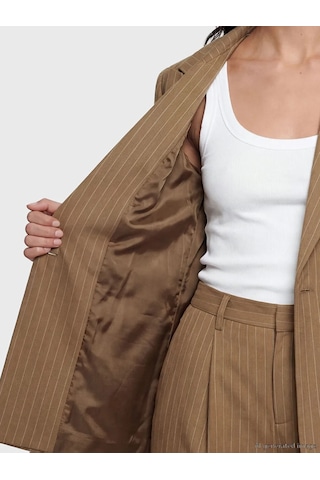 Lc Waikiki Kahverengi Çizgili Keten Karışımlı Kadın Blazer Ceket