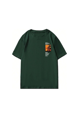 Erkek Beach Baskılı Oversize Tshirt Yeşil