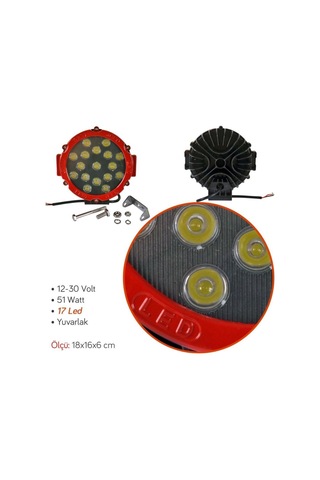 Off Road Sis Lambası 17 Ledli 51 Watt Kırmızı Çerçeve 12-48V