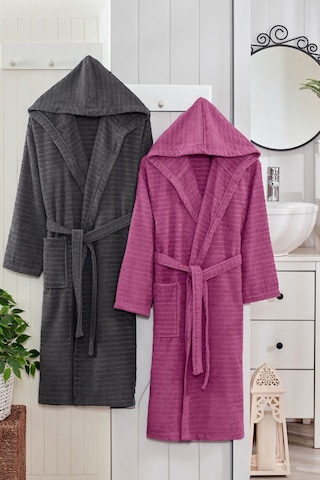 2 Li Kapşonlu Unisex Banyo Bornozu Seti %100 Soft Pamuklu Antasit-mürdüm