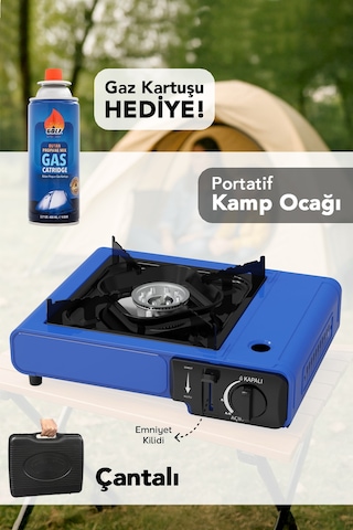 Portatif Kamp Ocağı - Taşıma Çantalı Gazlı Stop Emniyetli Mavi Kamp Ocağı Ve 1 Adet 227 Gr Kartuş Mavi