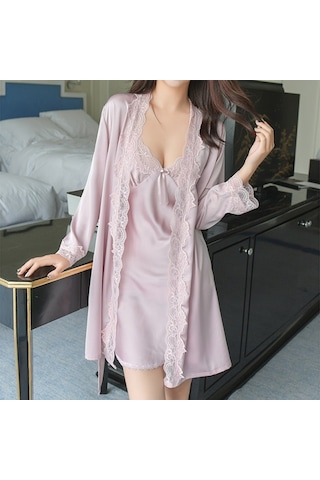 Sones 2'si 1 Arada Kadın Dantel İpek Askılı Gecelik + Hırka Gecelik Takımı Lotus Pembesi Pembe
