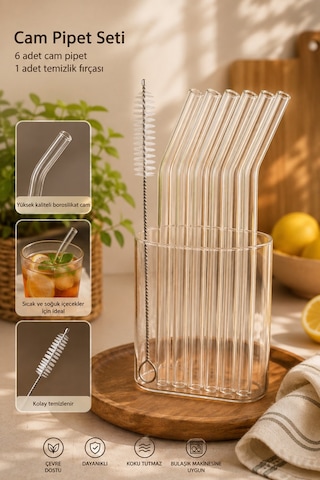 Perotti Straw 6'lı Eğimli Borosilikat Cam Pipet Ve 1 Adet Fırça
