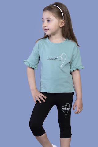Toontoy Kids Toontoy Kız Çocuk 2'li Takım Baskılı Bisiklet Yaka Kolu Fırfırlı T-shirt & Basic Düz Crop Tayt Yeşil