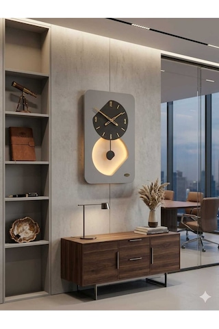 Nairobi Ledli Ahşap Salon Duvar Saati Quartz Ultra Sessiz Mekanizma 55 Cm X 34 Cm Gri