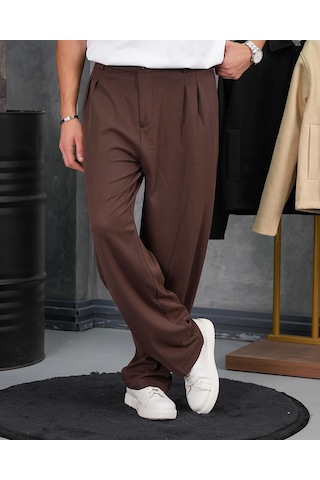 Modefendi Baggy Kalıp Pile Detaylı Kumaş Pantolon Kahverengi