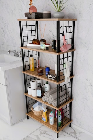 5 Raflı Çevir-kur Raf Ünitesi Telli Metal Gövdeli Organizer Banyo, Mutfak, Balkon, Antre Uyumlu Atlantik Çam