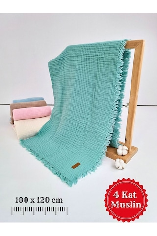 4 Kat Müslin Mint Yeşil Saçaklı Bebek Battaniyesi 100x120 Cm- %100 Pamuklu & Çok Amaçlı Battaniye Mint