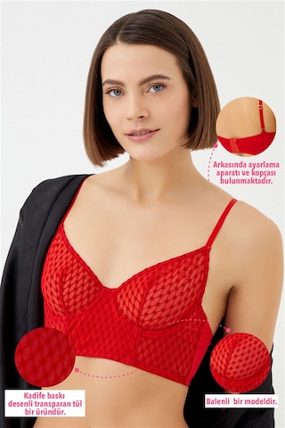 Cottonhill Kırmızı Puantiyeli Tüllü Ayarlanabilir Askılı Balenli Kadın Bralet Sütyen