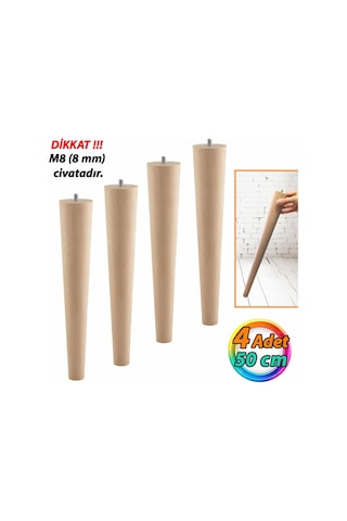 4 Adet Ahşap Ayak 50 Cm Masa Zigon Sehpa Tv Ünitesi Puf Tabure Ayağı Ayakları Konik M8 Civatalı Ahşap