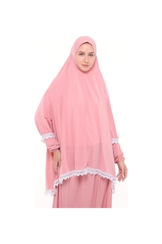 Kadın İki Parça Likra Sandy Kumaş Dantelli Kollu Namaz Elbisesi Pembe Antrasit