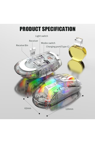 Reedark Xyh20  Bt5.0 2.4g Kablosuz  3 Modlu 2.4g Kablosuz Bt5.0 Ve Usb Kablolu Şeffaf Rgb