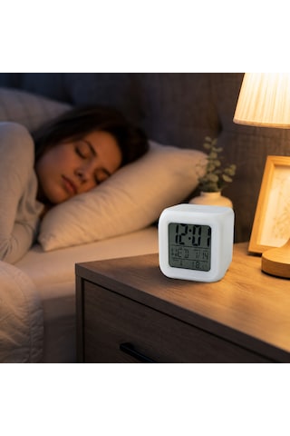 Renk Değiştiren Led Dijital Masa Saati Alarm, Termometre Ve Takvim Özellikli Akıllı Saat Beyaz