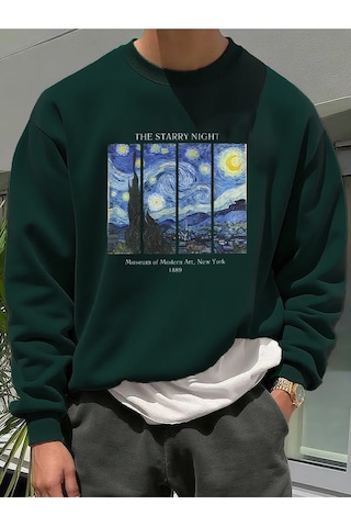 Uyguntarz Unisex The Starry Night Baskılı Oversize Sweatshirt Yeşil