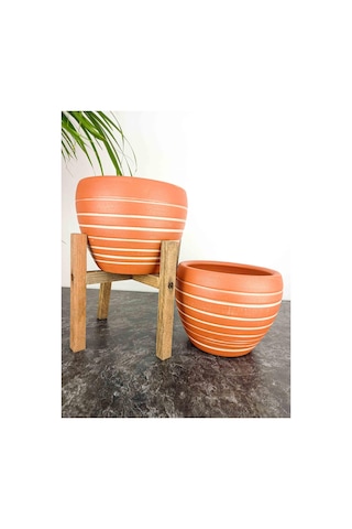 Bitki Tasarımı Doğal Beyaz Yan Çizgi Desen Terrakota Toprak Saksı İkili Set 4 Ayaklı-ayaksız 15 Cm