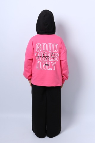 Kız Çocuk Kapşonlu Eşofman Takımı Baskılı İspanyol Paça C36 Pembe