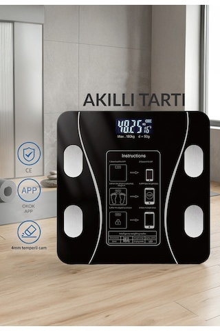 Genz Bilişim Dijital Tartı Baskül Yağ Su Kas Vücut Kitle Endeksi Kilo Ölçer Tartı Siyah