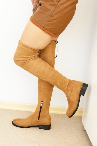 Shoetek Izabella Kadın Çizme Fermuarlı Streçli Taba Süet TABA SÜET