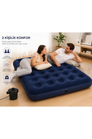 Çift Kişilik Şişme Yatak 300 Kg Taşıma Kapasiteli Elektrikli Pompalı 197x137x22 Cm Lacivert