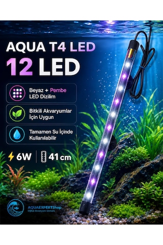 Aqua Akvaryum Işığı - Bitki Işığı - Balık Işığı - Tamamen Su İçinde Kullanılabilir - 12 Led - Pembe Beyaz - 41 Cm - Güçlü Aydınlatma - 6w