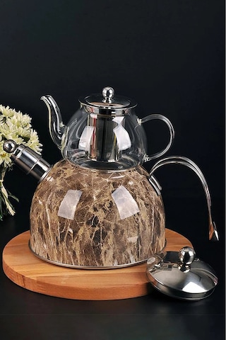 Lüks Mermer Düdüklü Çelik Cam Çaydanlık Seti Kahve & Çay İçin Premium Tasarım Çok Renkli