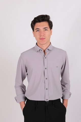 Twın Lıon Twin Lıon 408 Slimfit Örme Armürlü Düz Gömlek Gri