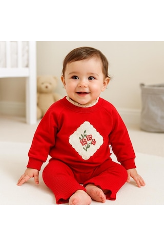 Kanaviçe Çiçek Detaylı Fitilli Tayt Mevsimlik 2 Parça Set Kırmızı