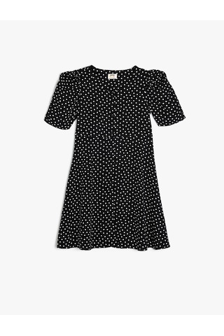 Koton Puantiyeli Elbise Balon Kollu Düğme Kapamalı Viskon Kumaş Siyah Desenli 5skg80029aw Siyah Desenli Siyah