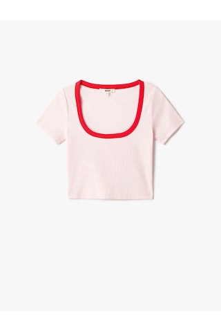 Koton Pamuklu Slim Fit Kontrast Detaylı Kısa Kollu U Yaka Fitilli Crop Tişört Pembe 5sak50342ek Gül