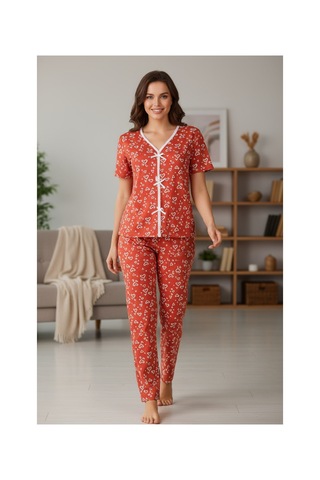 I-moda Kadın Turuncu Kalp Desenli Fiyonklu Kısa Kollu Uzun Pijama Takımı