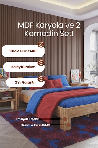 Letto Çift Kişilik Mdf Karyola Ve 2 Komodinli Set 140x190 Yatak Uyumlu - Atlantik Çam