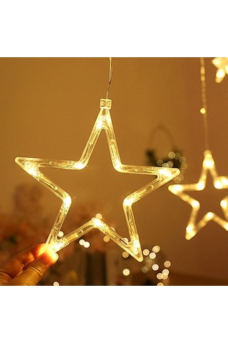 Led Perde Fişli Dekoratif Yıldızlı Saçaklı 12 Adet Yıldız