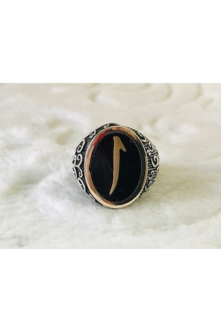 Siyah Taş Içinde Elif Harfi Yazılı 925 Ayar Erkek Gümüş Yüzük