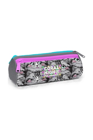 Coral High Üç Gözlü Okul Kalem Çantası - Kız Çocuk - Gri Pembe Kedi Çok Renkli
