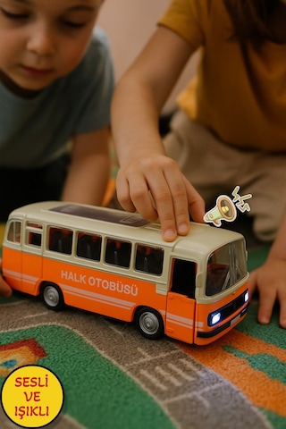 Nostaljik Halk Otobüsü 11 Cm Pilli Sesli Işıklı Kapısı Açılır Yumuşak Tekerlekli - Turuncu