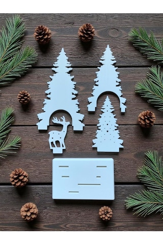 Dekoratif Çam Ağacı Ve Geyik Silüetli Yılbaşı Temalı Led Tealight Mumluk Beyaz
